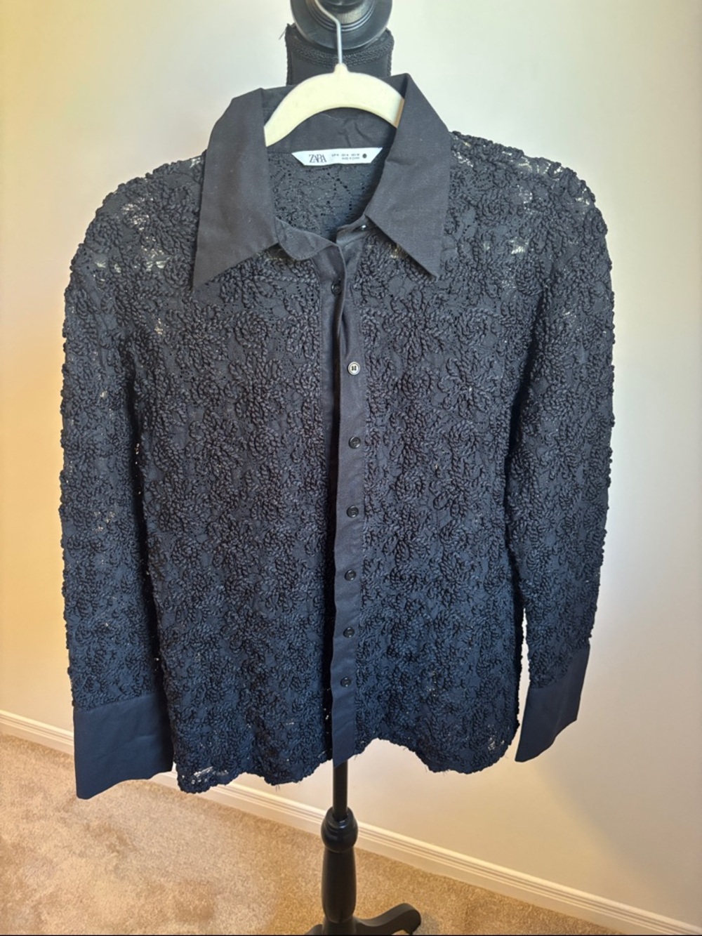 Zara Black Floral Lace Button-Down Shirt